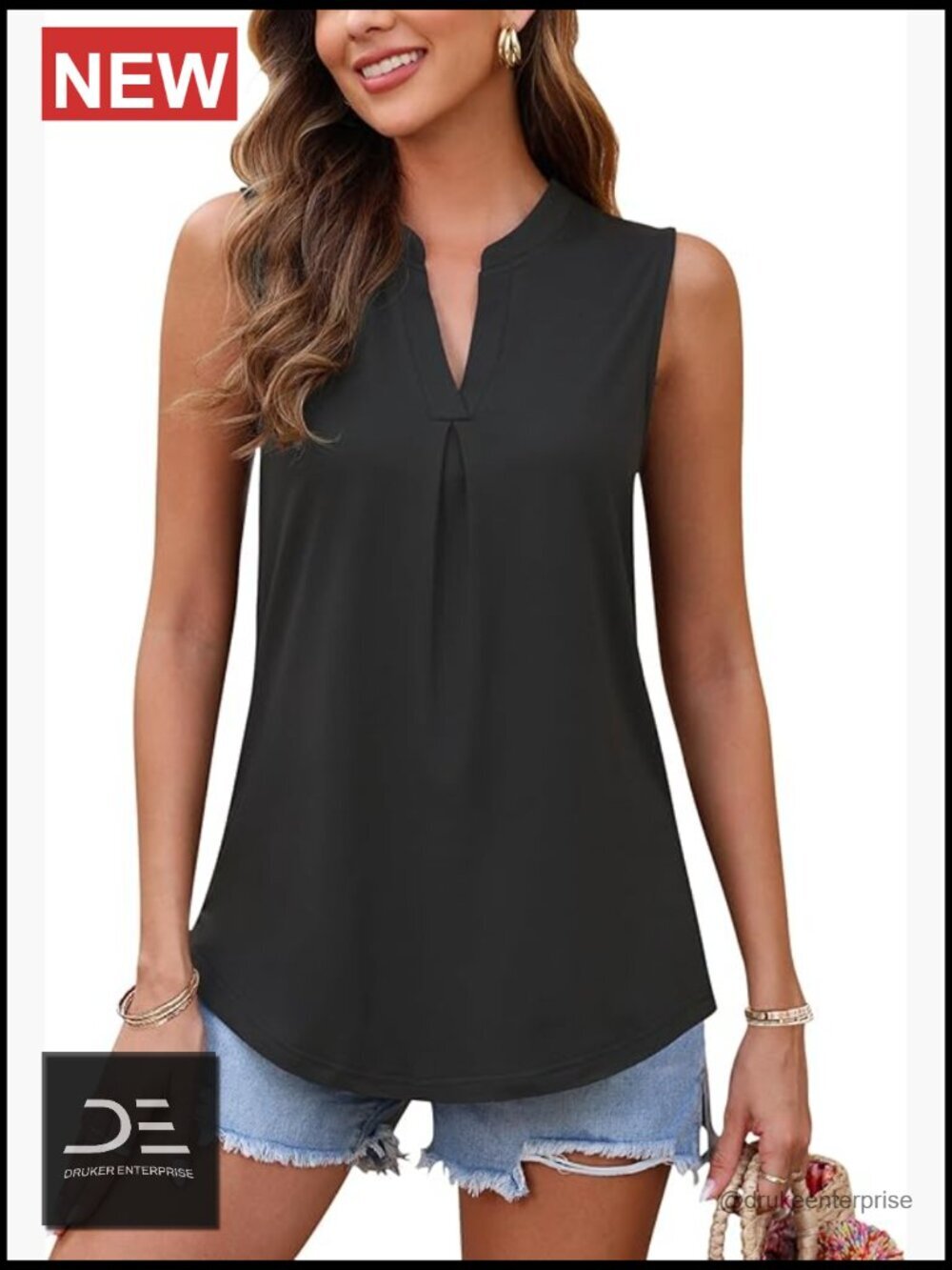 Women's V Neck Sleeveless Loose Pleated Tank Top - Summer Blouse